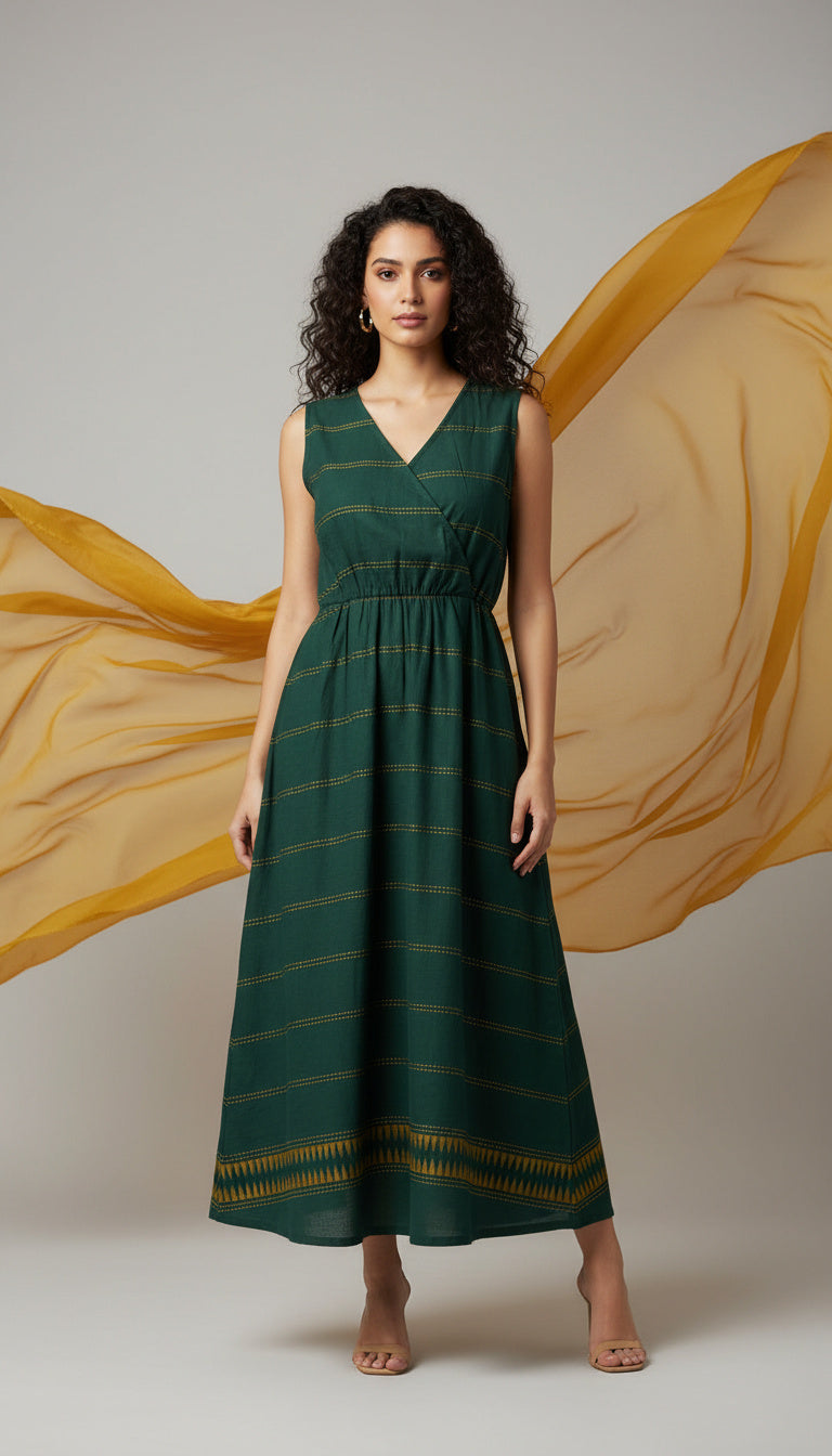 Emerald Green Handloom Wrap Midi Dress