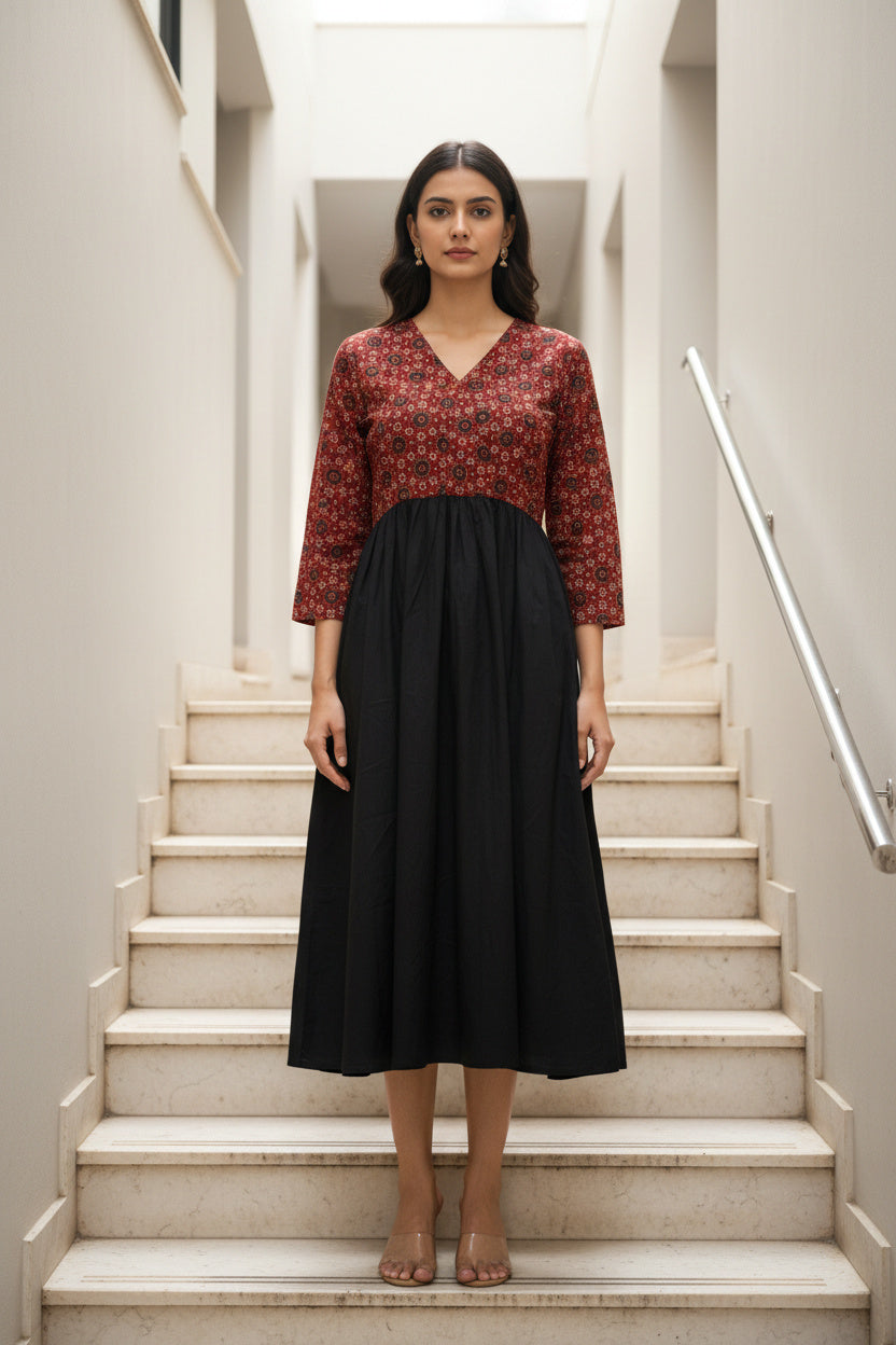 Black & Ajrak Cotton Colorblock Midi Dress