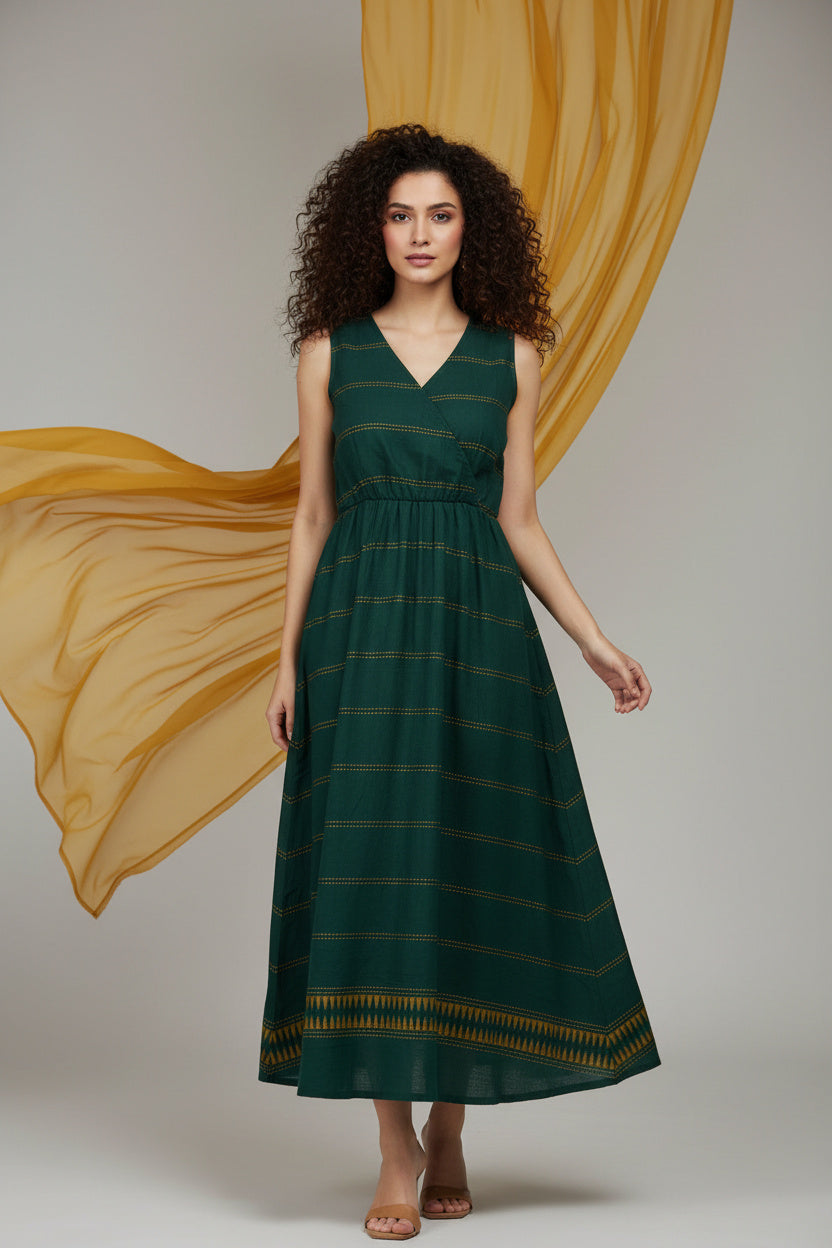 Emerald Green Handloom Wrap Midi Dress