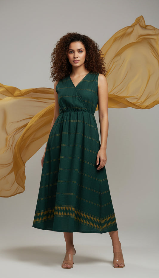 Emerald Green Handloom Wrap Midi Dress Indyvarna Emerald Green Handloom Wrap Midi Dress Indyvarna