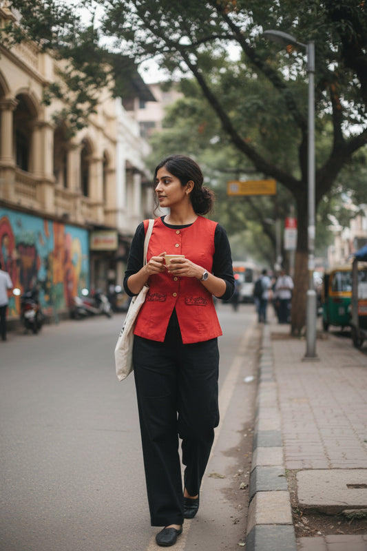 Embriodered Waist Coat - Brick Red