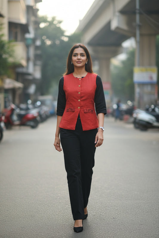 Embriodered Waist Coat - Brick Red