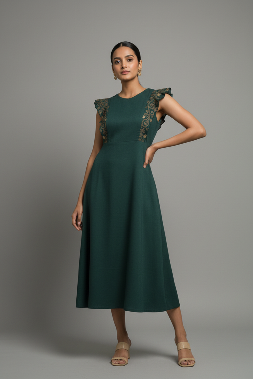Bottle Green Embroidered A-Line Midi Dress