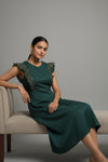 Bottle Green Embroidered A-Line Midi Dress