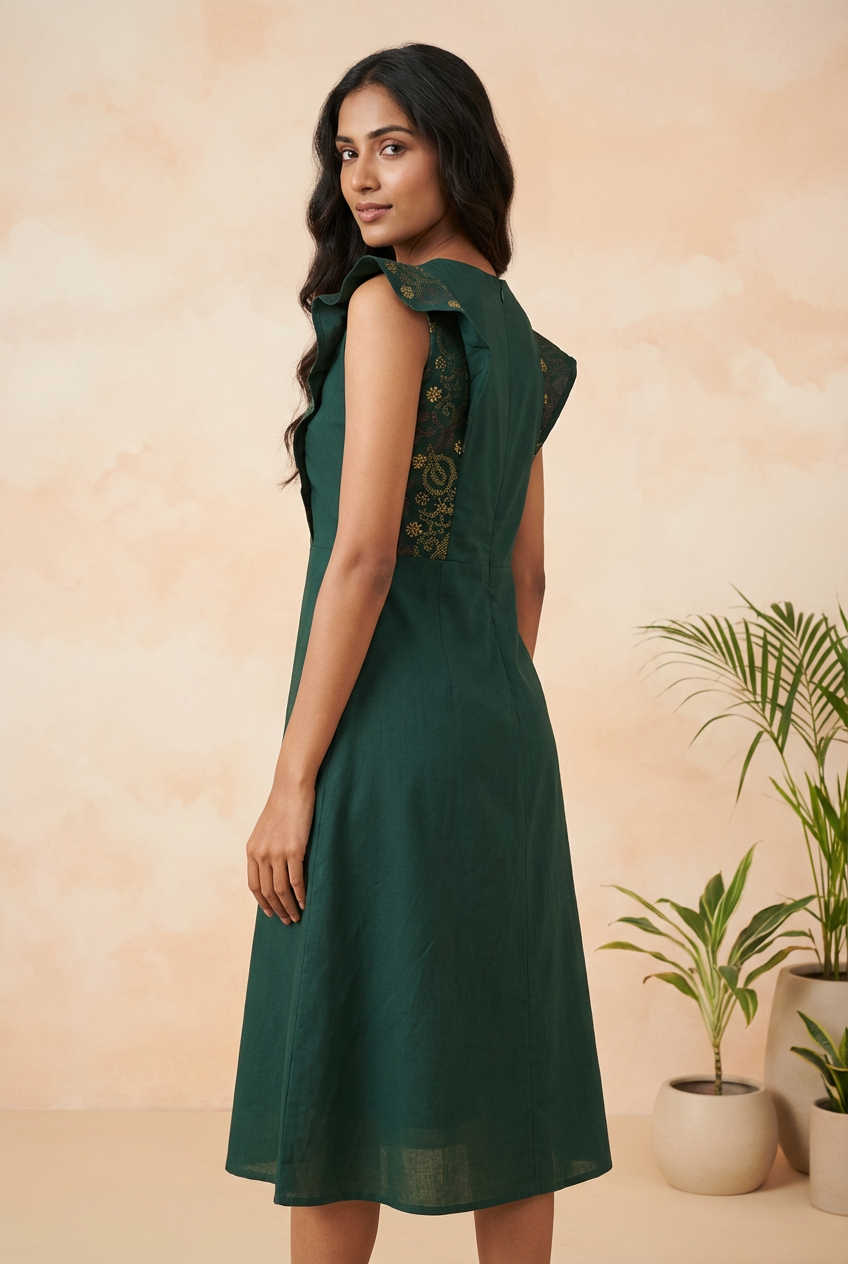 Bottle Green Embroidered A-Line Midi Dress