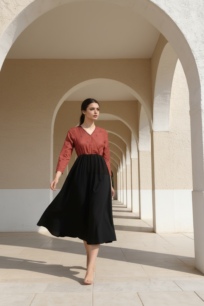 Black & Red Cotton Colorblock Midi Dress