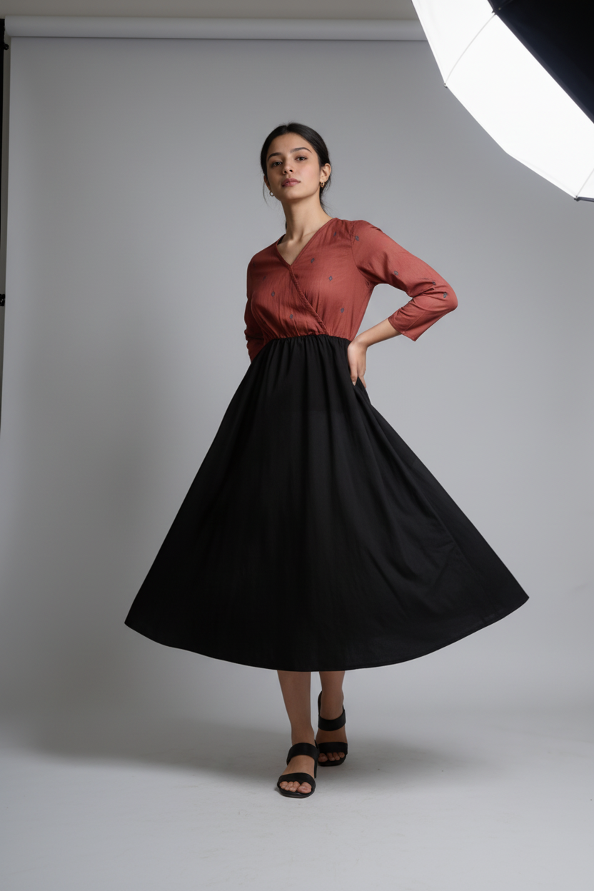 Black & Red Cotton Colorblock Midi Dress