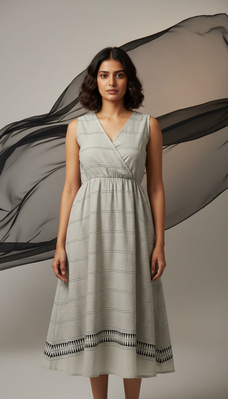 White & Black Handloom Wrap Midi Dress