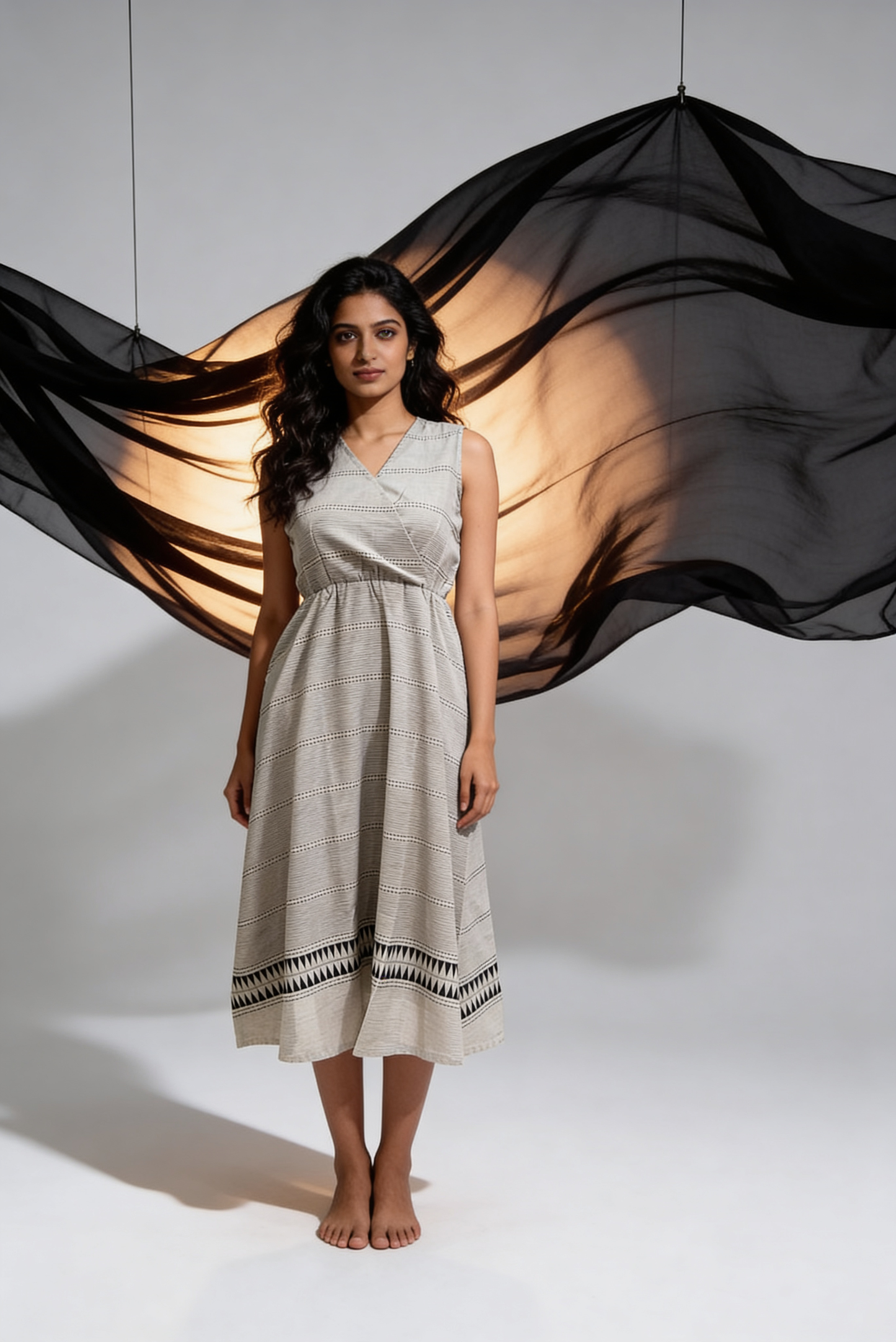 White & Black Handloom Wrap Midi Dress