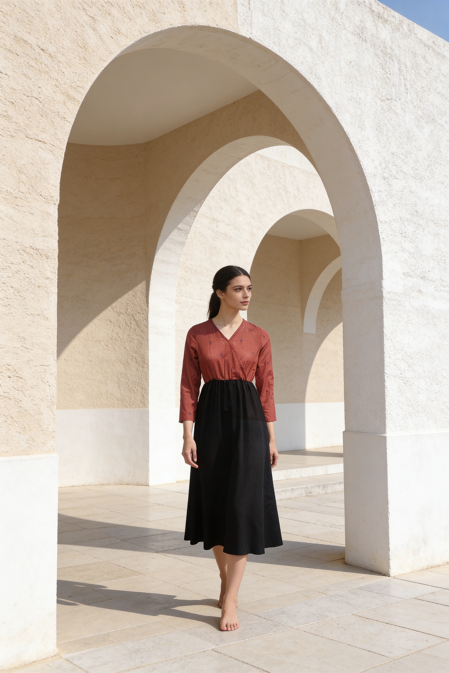 Black & Red Cotton Colorblock Midi Dress