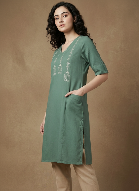 Sage Green Handcrafted Motif Cotton Kurta