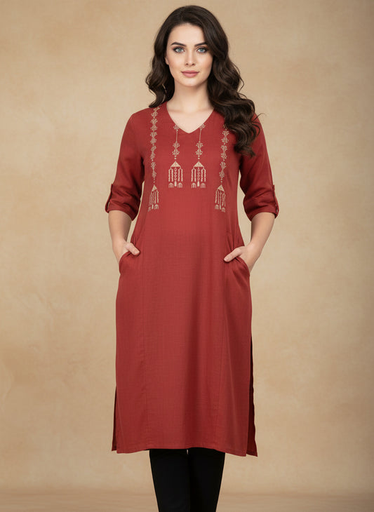 Brick Red Handcrafted Motif Cotton Kurta
