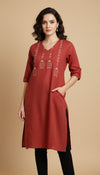 Brick Red Handcrafted Motif Cotton Kurta