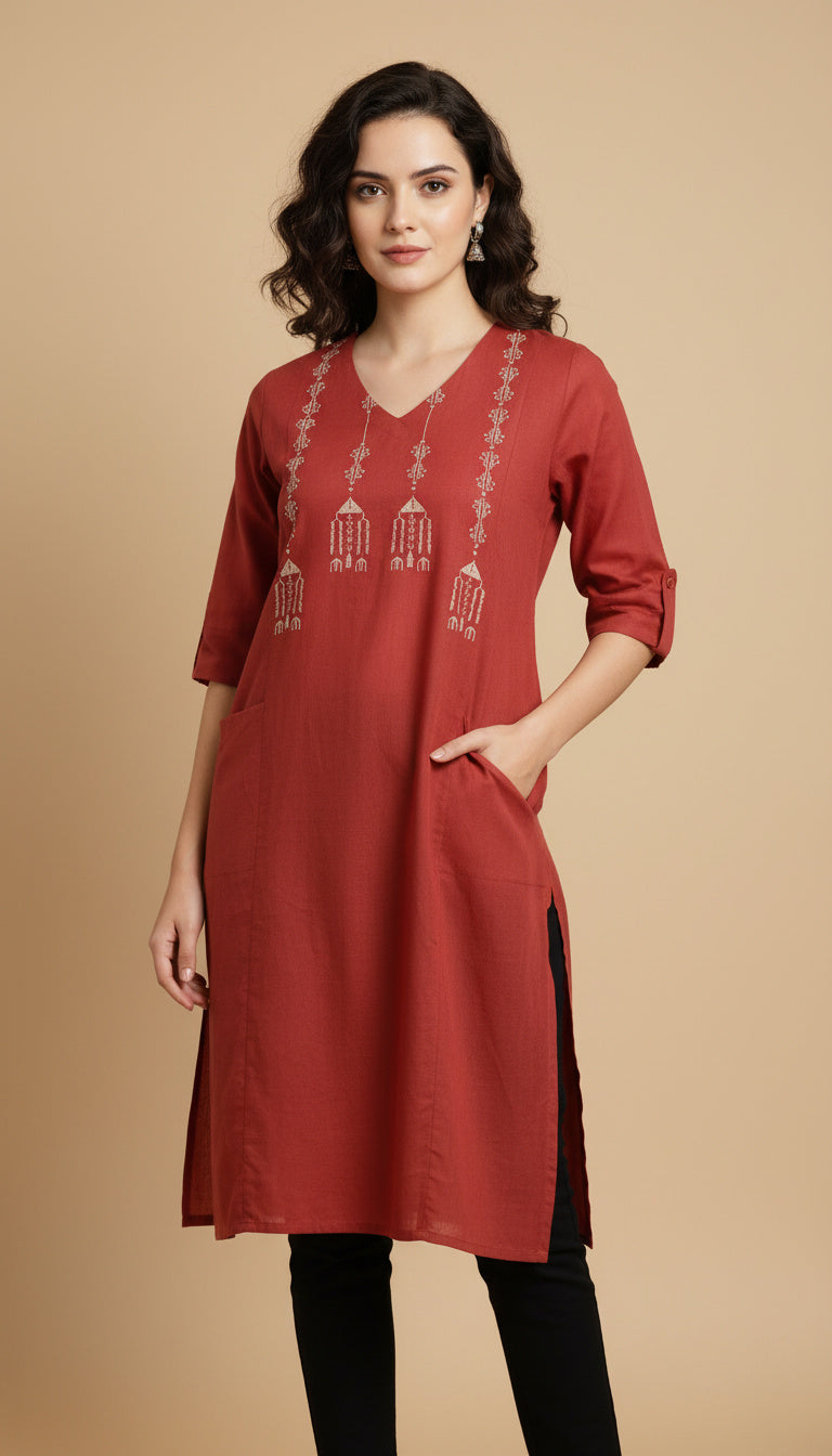 Brick Red Handcrafted Motif Cotton Kurta