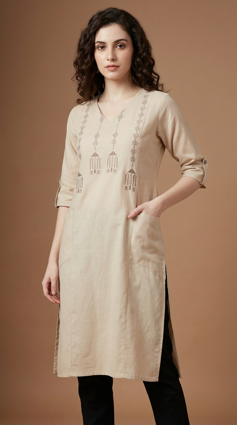 Off-White Handcrafted Motif Cotton Kurta – Classic Workwear Edits