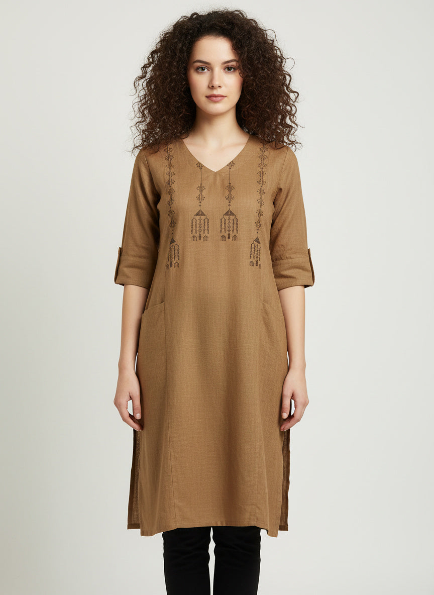 Beige Handcrafted Motif Cotton Kurta