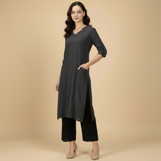 Dark Charcoal Grey Cotton Viscose Lycra Kurta 