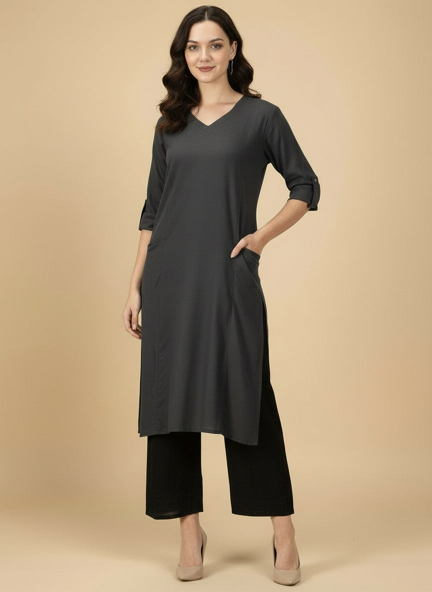 Dark Charcoal Grey Cotton Viscose Lycra Kurta - Classic Workwear Edits