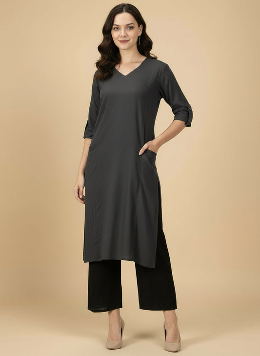 Dark Charcoal Grey Cotton Viscose Lycra Kurta - Classic Workwear Edits
