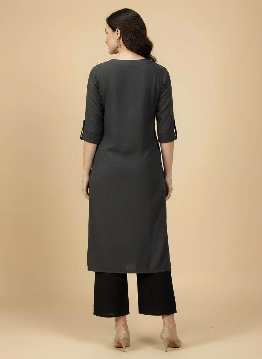 Dark Charcoal Grey Cotton Viscose Lycra Kurta - Classic Workwear Edits