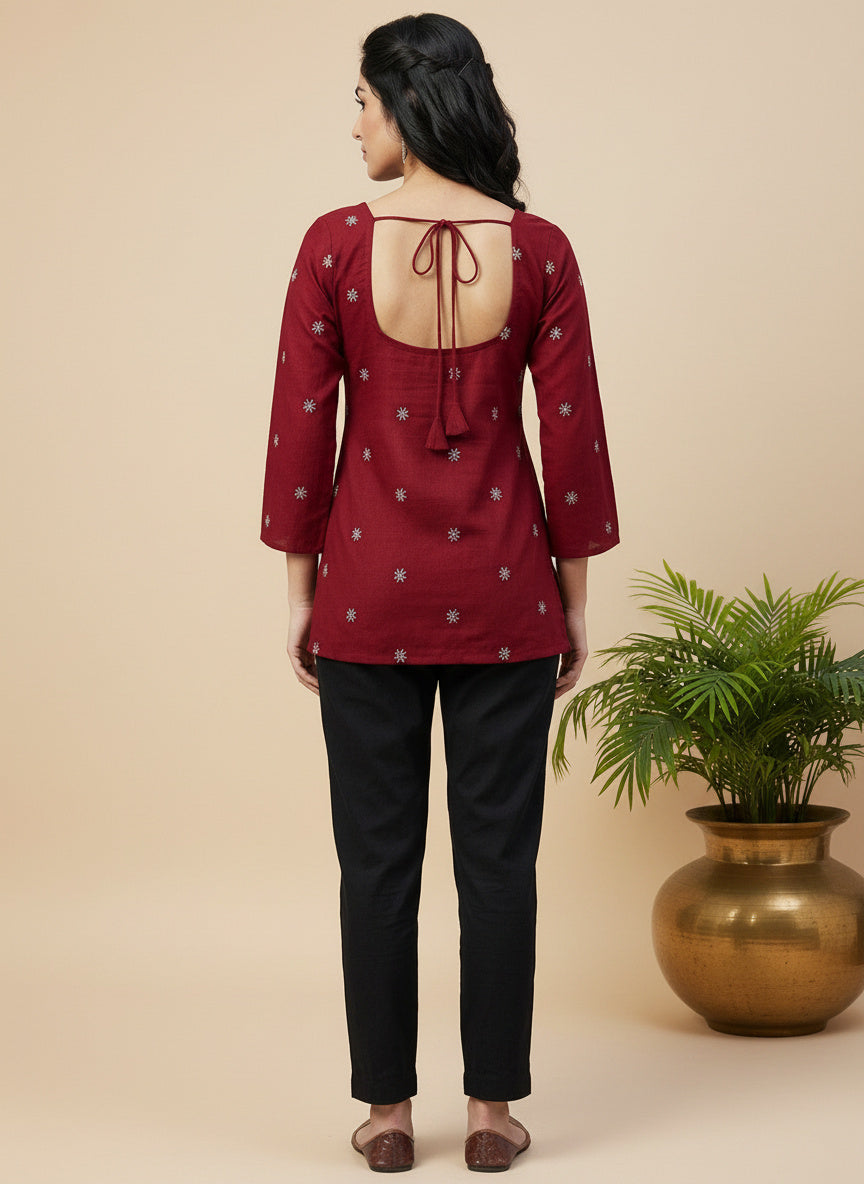 ndyvarna DISHA Deep U-Back Cotton Kurti -MARRON MAGIC