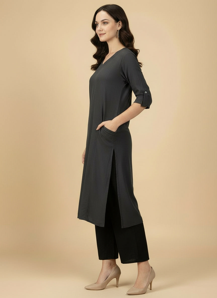 Dark Charcoal Grey Cotton Viscose Lycra Kurta - Classic Workwear Edits