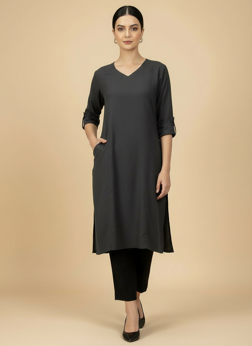 Dark Charcoal Grey Cotton Viscose Lycra Kurta - Classic Workwear Edits