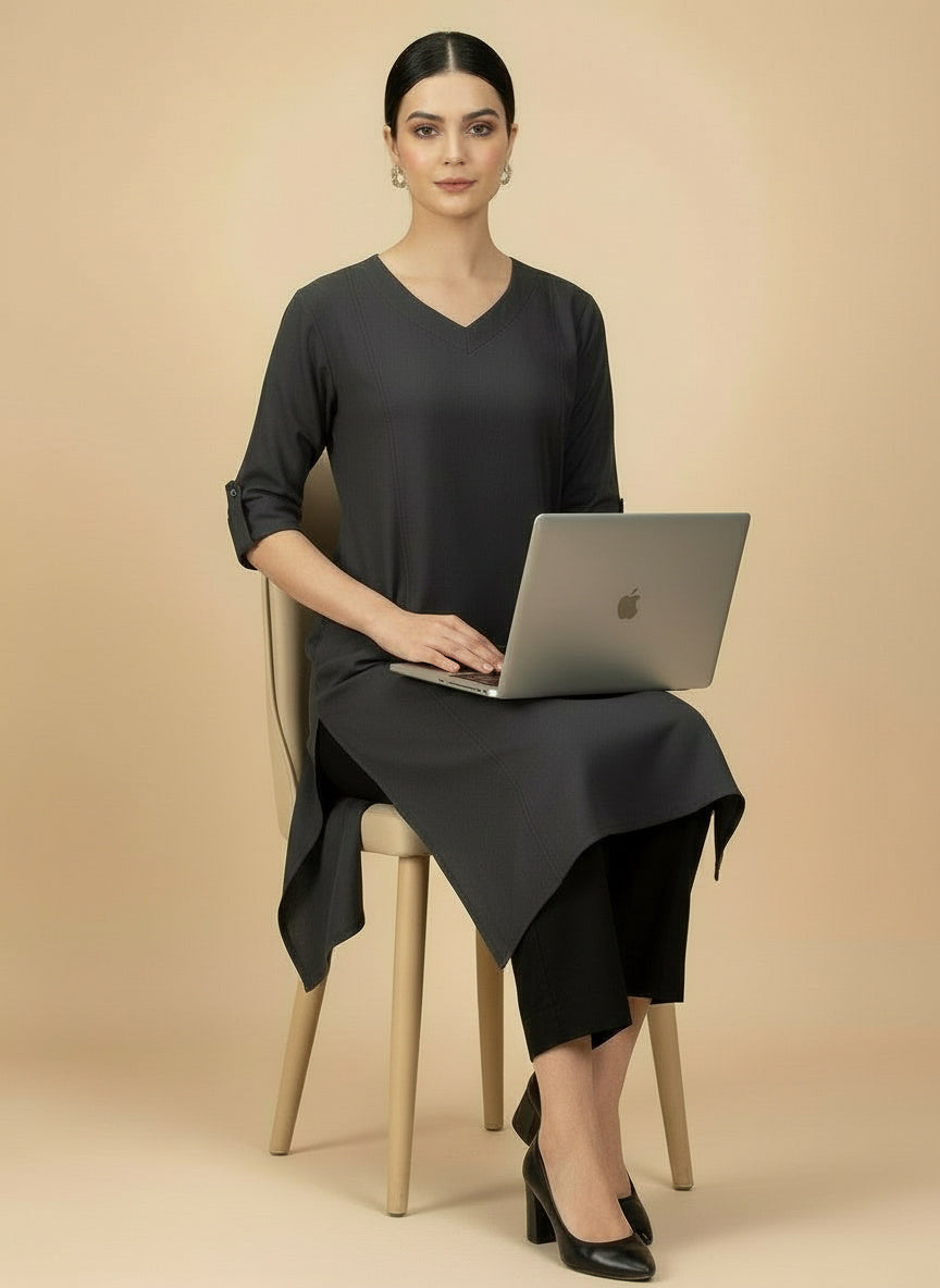 Dark Charcoal Grey Cotton Viscose Lycra Kurta - Classic Workwear Edits