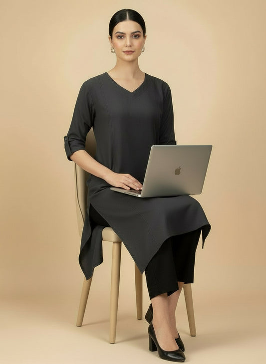 Dark Charcoal Grey Cotton Viscose Lycra Kurta - Classic Workwear Edits