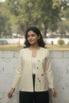 Open Front Cotton Blazer-White Beige Hand painted