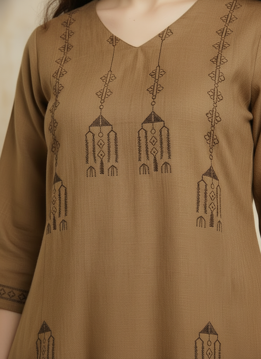 Beige Handcrafted Motif Cotton Kurta