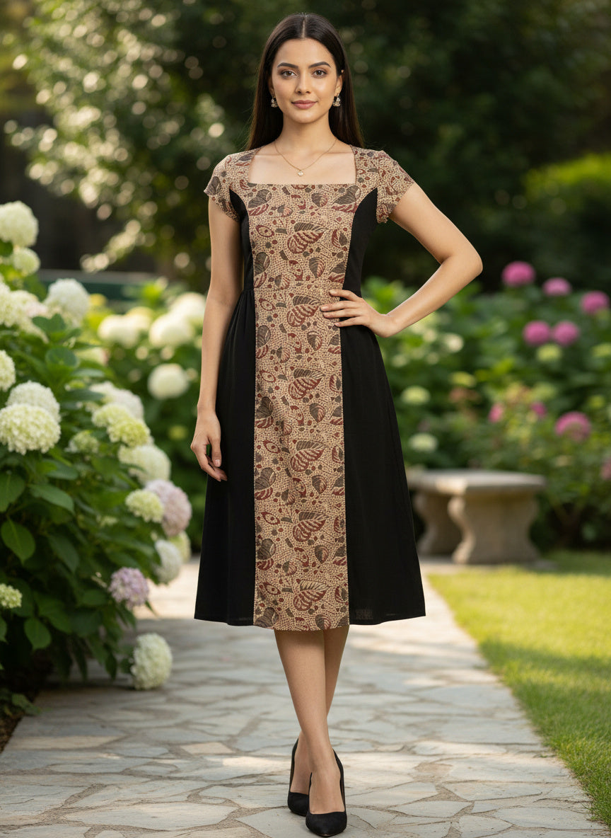 Mano Muse Midi Dress Grey Beige Black kalamkari