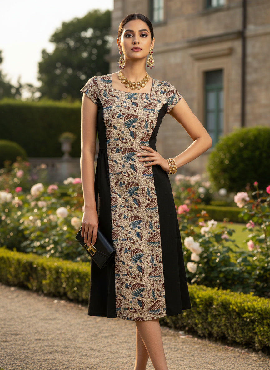 Mano Muse Midi Dress Blue Beige Black kalamkari