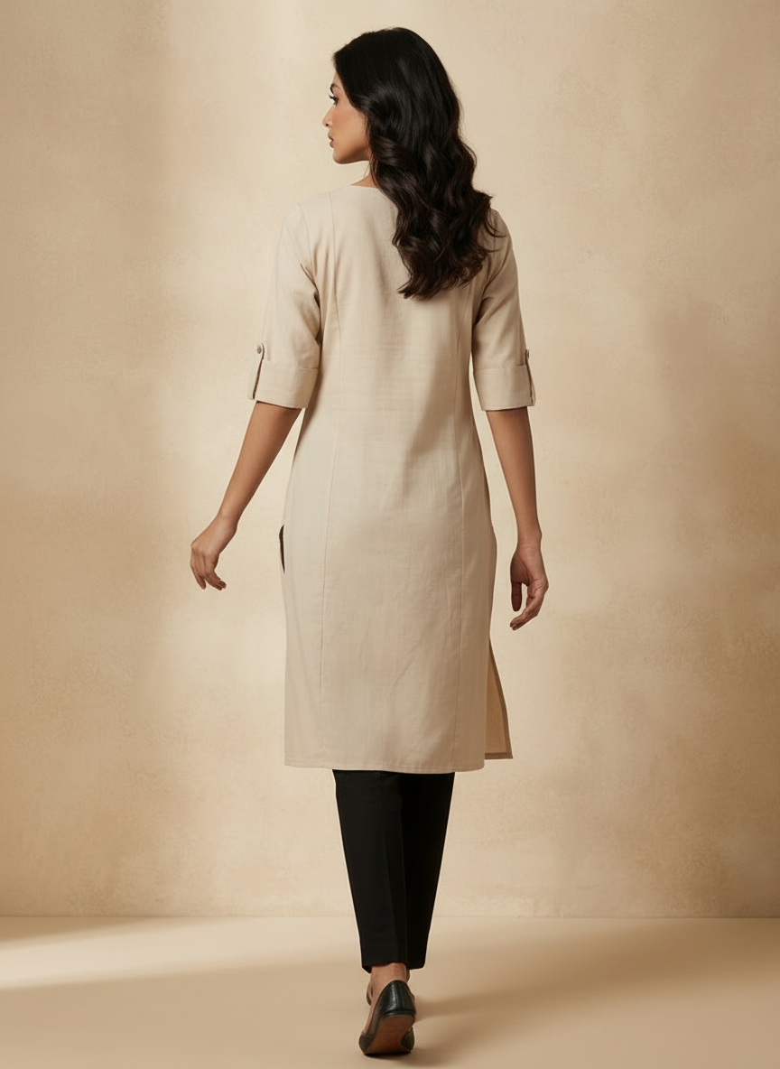 Off-White Handcrafted Motif Cotton Kurta – Classic Workwear Edits