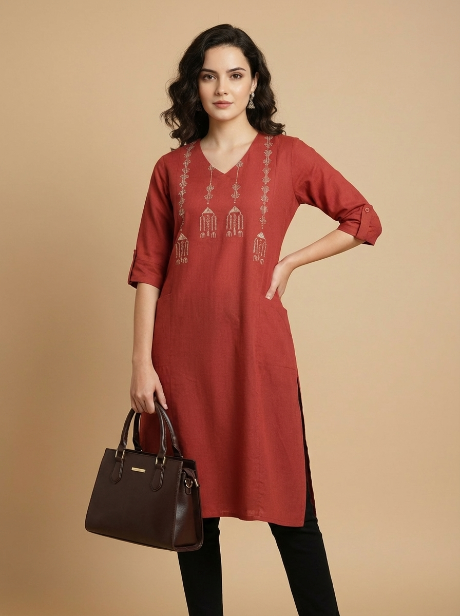 Brick Red Handcrafted Motif Cotton Kurta