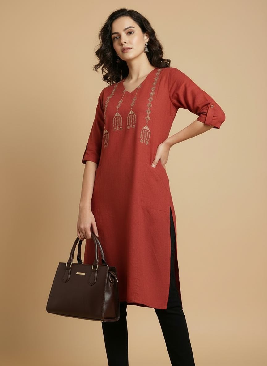 Brick Red Handcrafted Motif Cotton Kurta