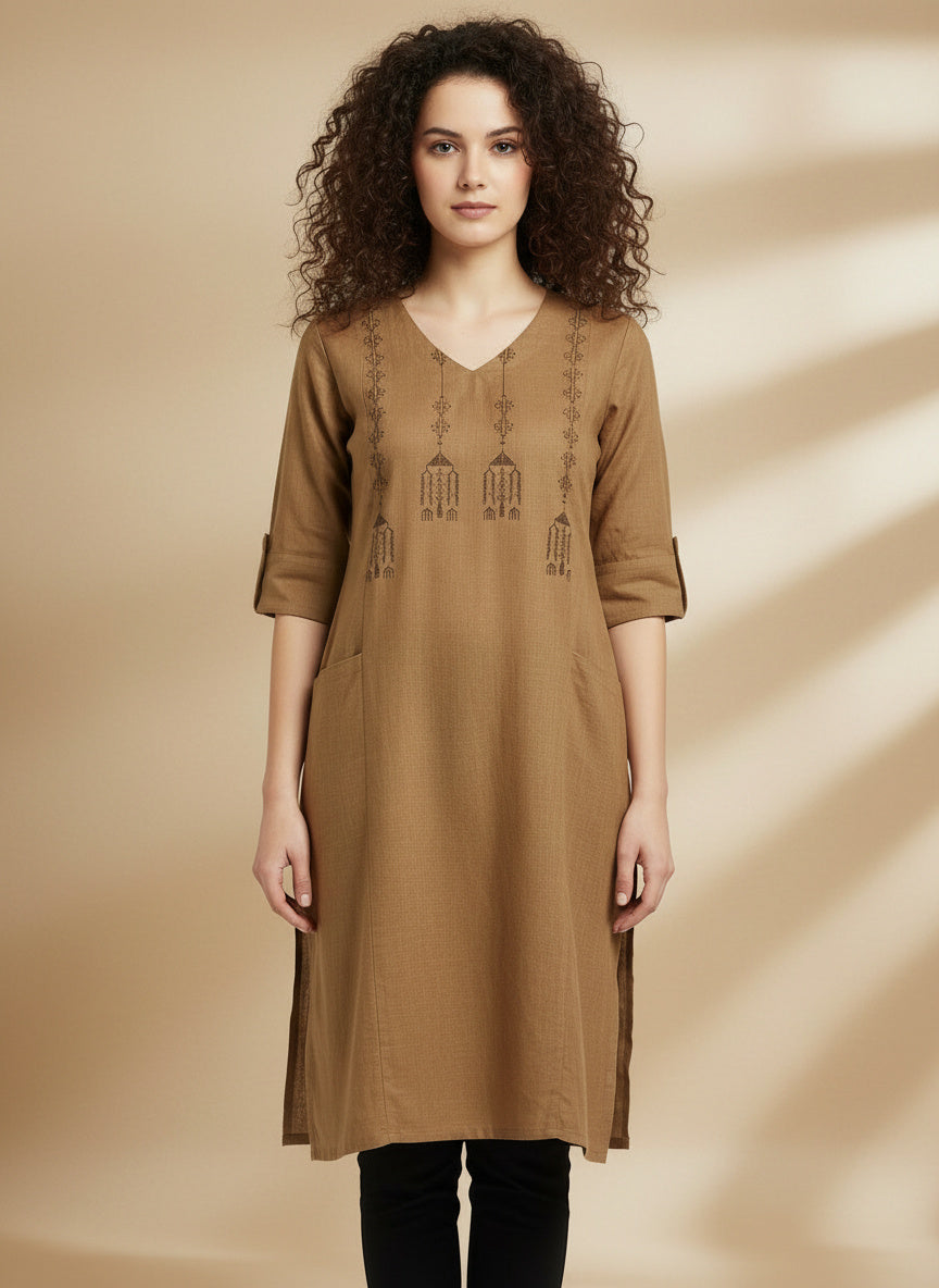 Beige Handcrafted Motif Cotton Kurta