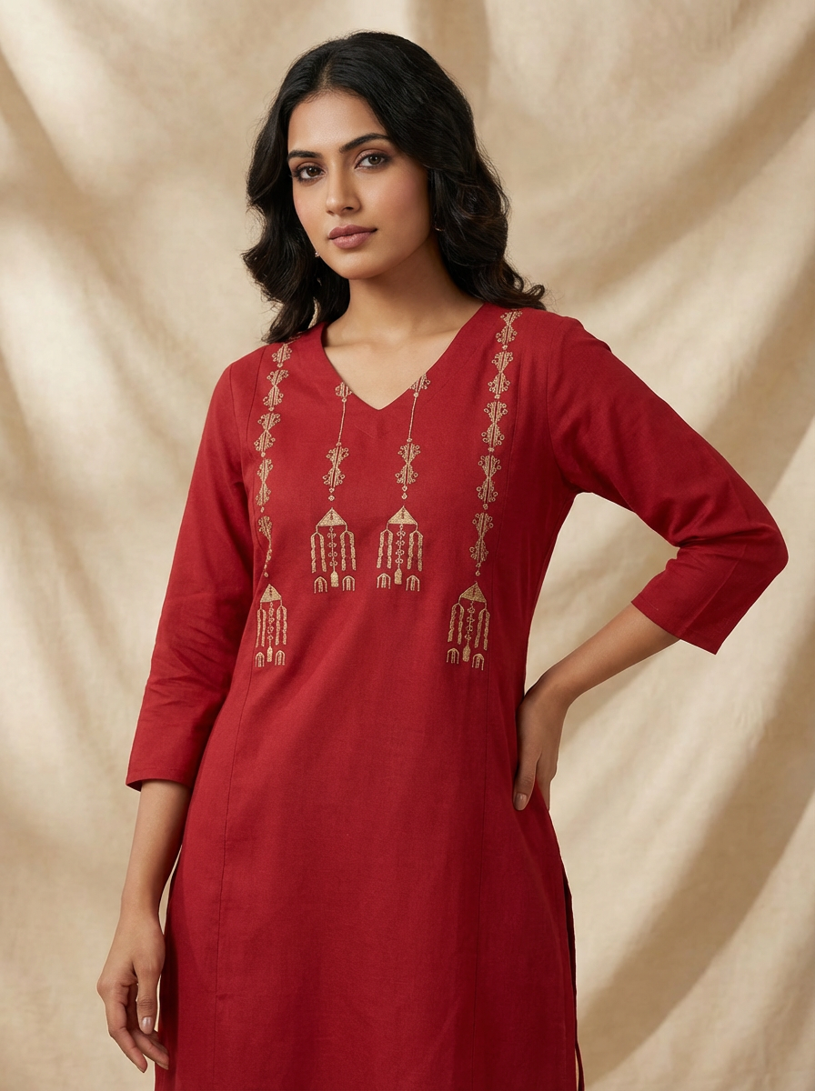 Brick Red Handcrafted Motif Cotton Kurta