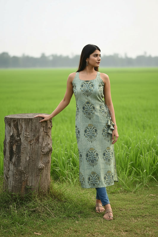 Side-Slit Cotton Kurta -Organic Green