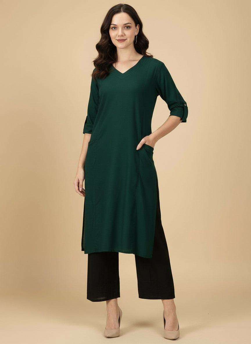 Deep Bottle Green Cotton Viscose Lycra Kurta - Classic Workwear Edits