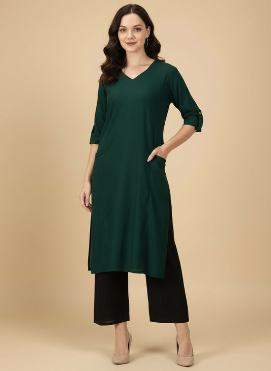 Deep Bottle Green Cotton Viscose Lycra Kurta - Classic Workwear Edits