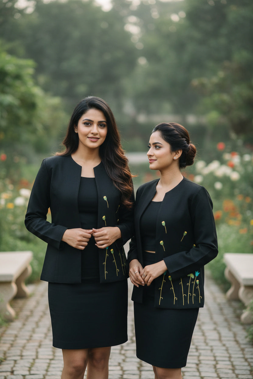 Open Front Cotton Blazer-Black Hand painted