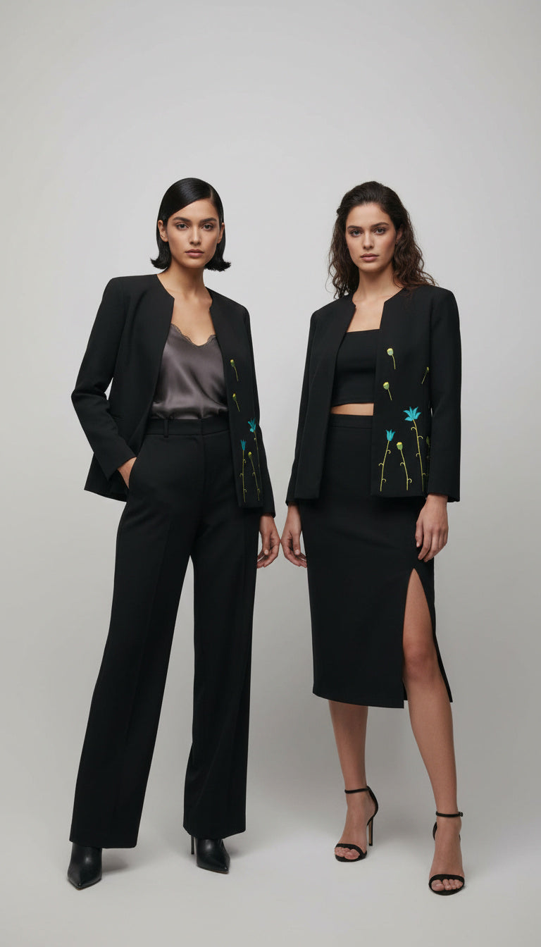 Open Front Cotton Blazer-Black Hand painted