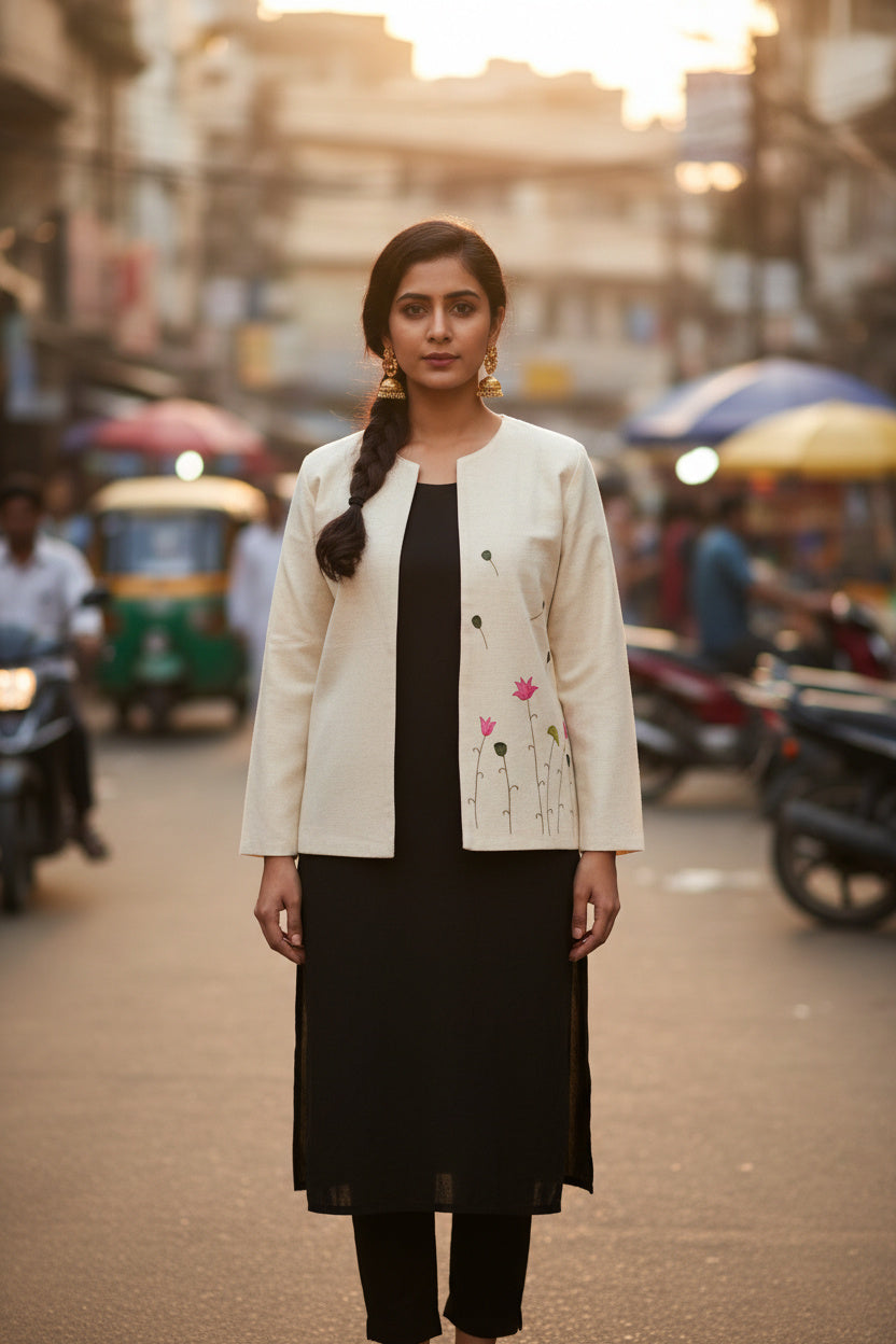 Open Front Cotton Blazer-White Beige Hand painted
