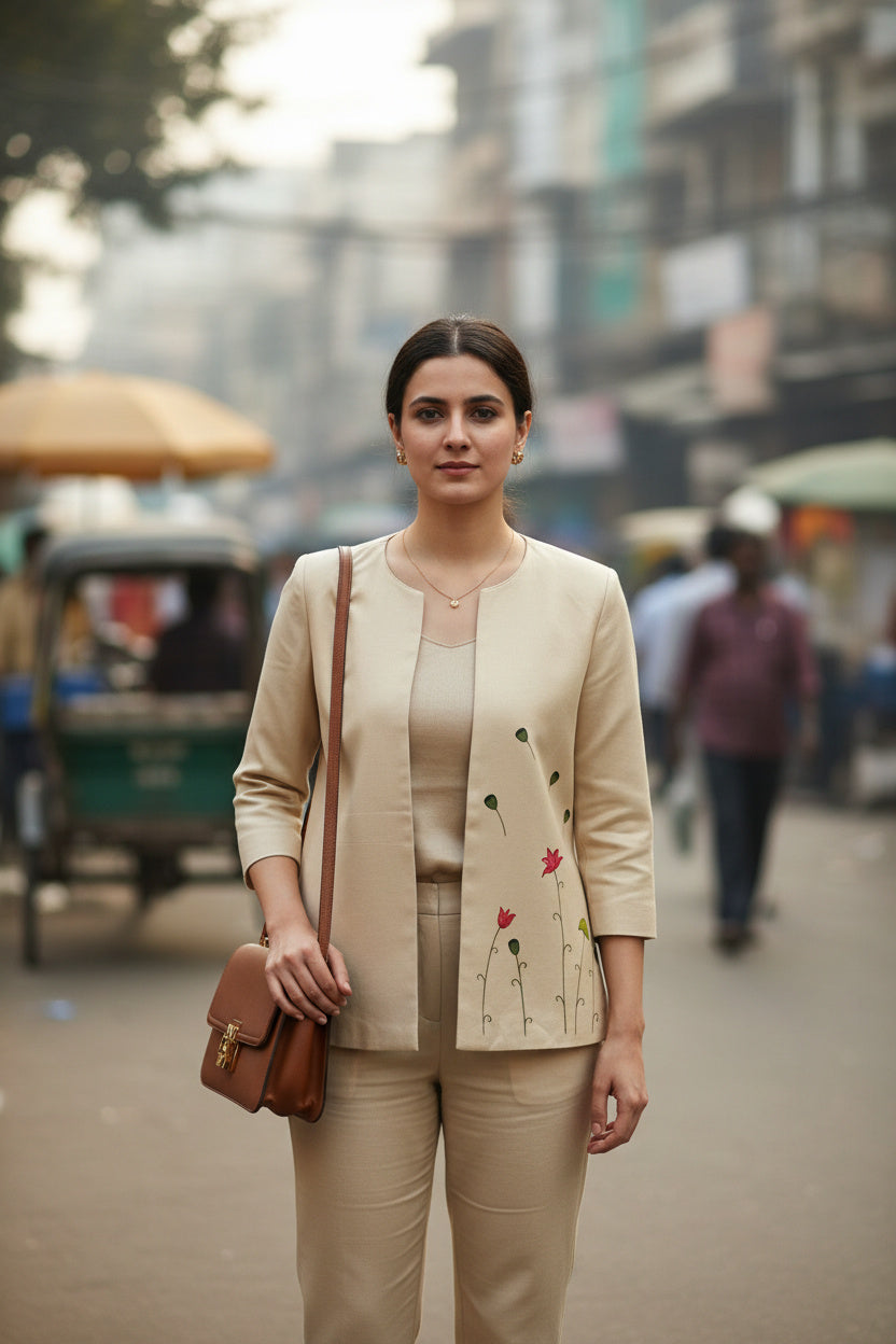 Open Front Cotton Blazer-Sand Beige Hand painted