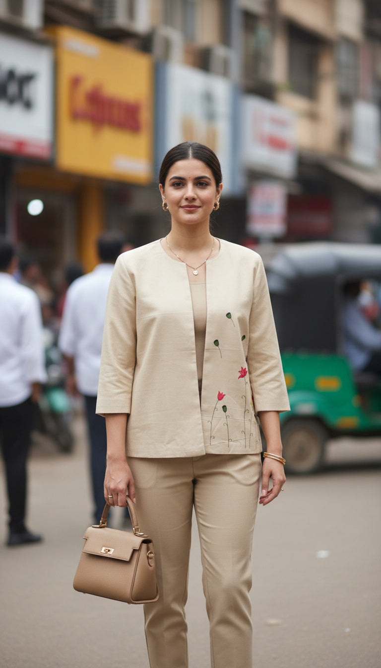 Open Front Cotton Blazer-White Beige Hand painted