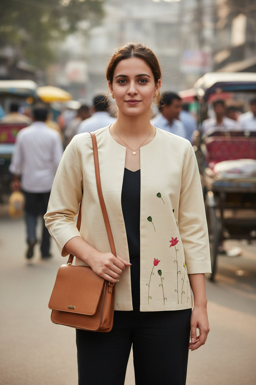 Open Front Cotton Blazer-White Beige Hand painted