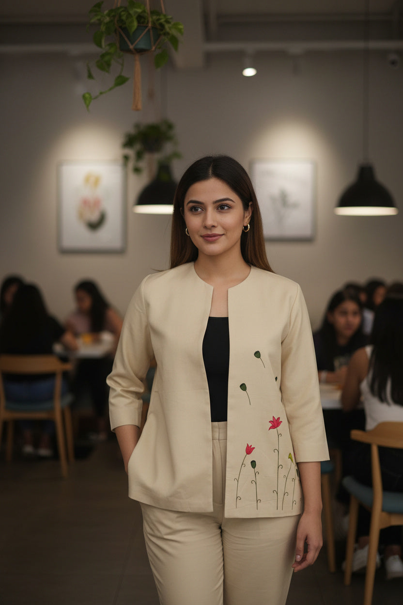 Open Front Cotton Blazer-White Beige Hand painted