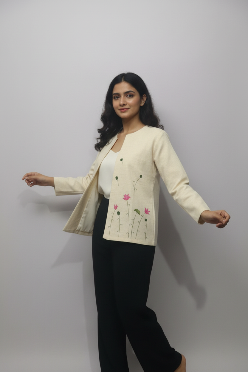 Open Front Cotton Blazer-White Beige Hand painted