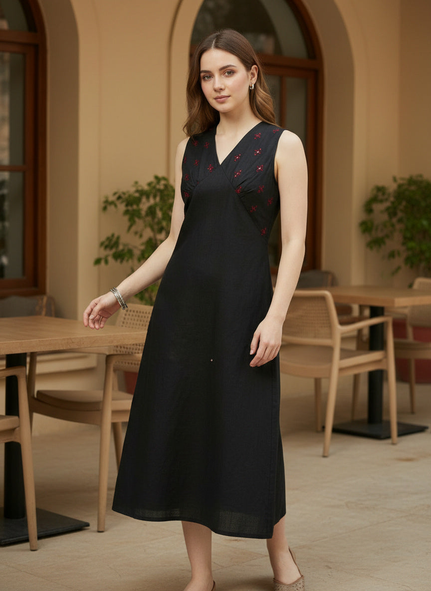 Indyvarna VEDA Handcrafted Cotton Dress- Black